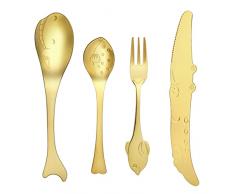 Vicloon Posate per Bambini in Acciaio, 4 Pezzi Set di Posate per Bambini con Cucchiaio, Forchetta e Coltello in Acciaio Inossidabile 304, Lavabili in Lavastoviglie, Forma di Coccodrillo Dorato