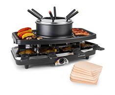 Klarstein 3-in-1 Griglia per Raclette e Set Fonduta Formaggio, Piastra Raclette Formaggio in Pietra Ollare 1100W, Piastra Elettrica per Grigliare Carne e Formaggio con Pentole e Forchette per Fonduta