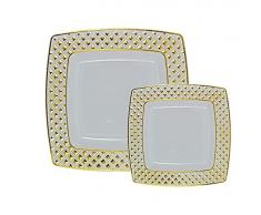 DECORLINE 40 piatti in plastica riutilizzabili – antipasti/dessert 2 misure (20 x 25 cm, 20 x 20 cm) – Elegante piatto di Natale con motivo a diamante – riutilizzabile e stabile – oro