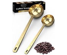 Orblue Set di 2 cucchiaini da caffè, 1 cucchiaio da 15 ml e 2 cucchiai da 30 ml, in acciaio inox, cucchiaio dosatore e paletta con manici lunghi, colore oro
