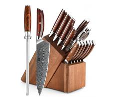 XINZUO Damasco 15 Pezzi Set di Coltelli da Cucina con Blocco Coltelli, 67 Strati Acciaio Damasco Set di Coltello da Cuoco Affilati Professionale- Forbici da Cucina Multifunzione e Acciaini Affilatori