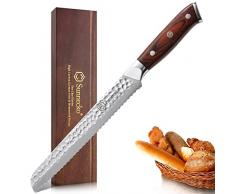 Sunnecko Coltello da Pane 20 cm, Coltello Giapponese Seghettato Extra Affilato, Coltelli da Cucina Lama in Acciaio al Carbonio Tedesco Martellato, Coltello Pane con Manico Ergonomico in Legno Pakka