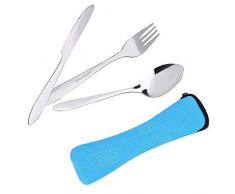 langjiao Camping Posate in Acciaio Inox Posate [Coltello, forchetta, Cucchiaio] con Il Sacchetto in Neoprene Ideale per i Viaggi e Il Campeggio(confezione da 3) (Blu)