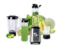 ZEEGMA Vitamine Frullatore multifunzione 4in1, Potenza di picco 1050W, Smoothie mixer con brocca da 1L, Blocco sicuro, Macinacaffè, Lame a croce, 2 bottiglie sportive 600ml, Alloggiamento in metallo