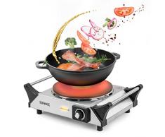 Duronic HP1 SS Fornello elettrico 1500W | 1 Piastra elettriche in ghisa con manici per il trasporto e Temperatura regolabile | Piano cottura 1 fuoco ideale per campeggio esterno o interni | Argento