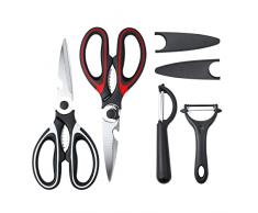 4 Pezzi Forbici da Cucina e Pelapatate, Forbice da Cucina in Acciaio Inox, Forbici con coprilama, per Carne Pollame Pizza, Peeler Frutta, Pela Verdure, per Patate, Carote Verdure Varie e Frutta