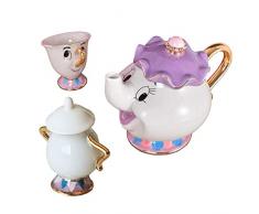 Teiera La Bella e La Bestia, Set di Tazze da Teiera in Ceramica Dipinta a Mano, Squisito Regalo di Natale per Il Ringraziamento (1 Vaso 1 Tazza) + Piatto o Serbatoio del Latte,White-A