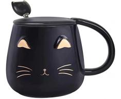 Aaliyahh 400mlazza Gatto Nero Tazza da caffè in ceramica carina con coperchio Kawaii e cucchiaio adorabile,Latte, Bolla di tè, Caffè per il Campeggio, Regalo di tazza di Natale (Nero)