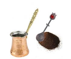 Caffettiera Turca: Caffettiera Cezve in Rame per Caffè Turco | Caffettiera con Manico per Caffé Arabo Ibrik | Pentolino Fatto a Mano in Rame Martellato Ottomano & Cucchiaio Vintage | 2 Porzioni