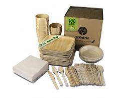 Stoviglie monouso in Foglia di Palma da 180 Pezzi per 25 Persone. Piatti biodegradabili Foglia di Palma Include 30 Piatti, 25 forchette, 25 coltelli, 25 cucchiai, 25 Bicchieri e 50 tovaglioli.