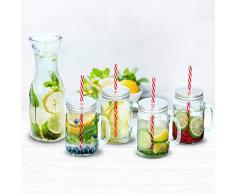 BAKAJI Set Caraffa Brocca da 1lt + 4 Tazze Bicchieri Barattolo Design Vintage in Vetro con Manico Coperchio in Metallo e Cannuccia Colorata Servizio 4 Persone per Party e Feste Aperitivo