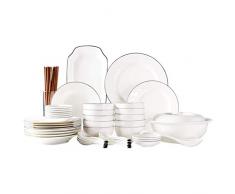 Stoviglie in Ceramica, 44 Pezzi White Black Line Servizio da tavola in Porcellana Piatto da minestra in Ceramica Cucchiaio Piatto da Pesce Piatto Piano Ciotola Piatto per Salse