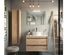 CAESAROO Mobile bagno sospeso 80 cm Nevada in legno Rovere ostippo con lavabo a ciotola - 80 cm, Con specchio e lampada LED