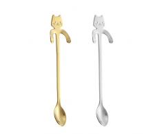 LEEQBCR 2 pezzi cucchiaio da caffè per gatti cucchiaino da caffè per gatti cucchiaino da dessert in acciaio inossidabile gatto appeso design tè latte caffè dessert bevanda milkshake (oro, argento)