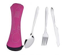 TankerStreet Camping Posate in Acciaio Inox Posate 3 Pezzi [Coltello, forchetta, Cucchiaio] con Il Sacchetto in Neoprene Ideale per i Viaggi e Il Campeggio - Fucsia