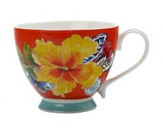 Maxwell Williams Exotica - Tazza da tè in porcellana, con stampa verde Frangipani, in confezione regalo, colore: Verde/Rosso, Porcellana, Rosso ibisco, 400 ml