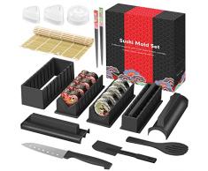 SKYSER Sushi Maker Kit, 17 Pezzi Sushi Maker Set per Principianti, 8 Stampi Sushi Making Kit Completo, Set Sushi Self Mat con Coltello Sushi Stampi per Palline di Riso e Bacchette - Nero
