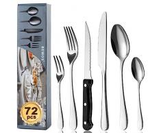 BEWOS set posate da 72 pezzi con coltelli da bistecca per 12 person, posate in acciaio inox per la cucina, set di coltelli, cucchiai, forchette con lucidatura a specchio, lavabile in lavastoviglie