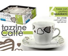 Gicos Set 6 tazzine caffè con piattino Quadrato Servizio in Porcellana Decoro Cuore Shabby Chic ELI-671180