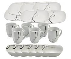 Van Well - Set da colazione Lilli 18 pz, Silver Night per 6 persone: 6 piatti e 6 tazze in porcellana bianca con linee Grigie/Nere