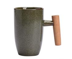 Syndecho Tazzine da caffè vintage in ceramica, tazza da caffè con manico in legno, 350 ml (verde)