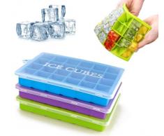 FANXIYA Vassoio per Ghiaccio in Silicone Stampo per Ghiaccio Secchi per Ghiaccio con Coperchio Senza BPA per Pappe, Whisky, Cocktail Lavabili in Lavastoviglie (Blu+Viola+Verde)