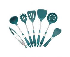 Ausemo Set di Utensili da Cucina 7 Pezzi Silicone Spatola Cucchiaio Anti-Aderente Resistente al Calore con Mestolo Scrematrice Pasta Server Tornitore Scanalato Pinza per Alimenti,Blue