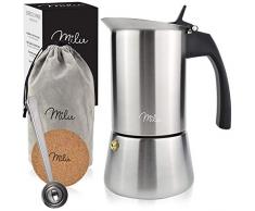 Milu Caffettiera (2 Tazze Non Induzione) | 2, 4, 6 Tazze | Caffettiera Espresso in Acciaio Inox, Set comprendente sottobicchiere, cucchiaio, spazzola (2 Tazze 100ml)