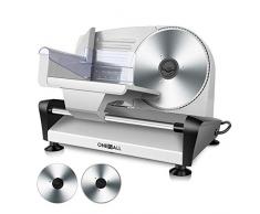 Affettatrici con 2 Lame Intercambiabili in Acciaio Inossidabile, Oneisall Affettatrice Elettrica a Spessore Regolabile per Carne, Formaggio, Pane, Frutta e verdura, 150 W