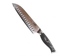 Totiko Coltello Professionale in Acciaio Damasco, Coltello da Cucina Professionale Giapponese da Carne, Pesce e Verdura, Lama da 19cm, Santoku Yoshinaka Damascato, Manico in Resina G-10 Japan Knives