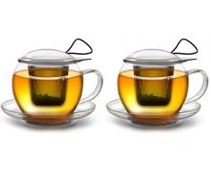 Creano Tazza da tè Jumbo con manico e colino integrato in acciaio inossidabile, coperchio in vetro e piattino | 450ml Trasparente 2XL (confezione da 2)