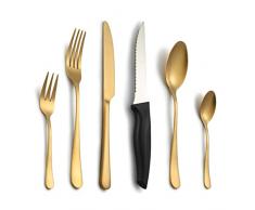 BEWOS Servizio di posate per 6 persone, set di posate in acciaio inox da 36 pezzi con coltelli da bistecca, set di posate in oro titanio comprensivo di coltello, forchetta, cucchiaio(oro opaco)