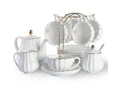 Sweejar Home Set da tè in porcellana Royal Family, 225 ml, per tazze e piattini con teiera, zuccheriera, brocca per latte in ceramica e tazze da caffè (bianco)
