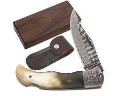 YOUSUNLONG Coltello da Tasca Pieghevole Modello Damasco - Lama in Acciaio Damasco - Manico in Corno di Toro