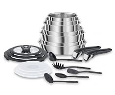 Lagostina Ingenio Inox Set di Pentole e Padelle in Acciaio Inox 18/10, 20 Pezzi, Batteria di Pentole con 3 Casseruole, 3 Padelle, Tegame, 6 Coperchi, 5 Utensili Cucina, 2 Manici Amovibili
