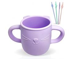 Brunoko Bicchiere con Manici e Cannucce in Silicone - Bicchierino Allenatore per Bambini con 4 Cannucce Riutilizzabili - Sicuro in Lavastoviglie/Microonde - Cannuccia Morbida per Bere Facilmente