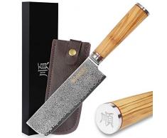 YOUSUNLONG Coltello Nakiri da 16,5cm Usuba acciaio damasco con manico giapponese legno di ulivo italiano con fodero in pelle