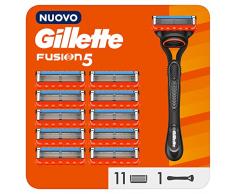 Gillette Fusion 5 RASOIO UOMO, 1 RASOIO A MANO LIBERA, 11 LAMETTE da Barba da 5 Lame, Rasatura Confortevole, Manico Ergonomico con Rifinitore di Precisione, Fino a 1 Mese di Rasatura con 1 Lametta
