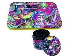 TPLF COMBO !!!! Vassoio di rotella Rick e Morty 18 x 12,50 cm in ferro solido + Grinder assortito 40 mm di diametro in 4 parti macinaspezie in lega di zinco molto robusto coperchio magnetico