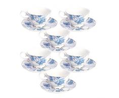 fanquare Set di 6 Tazzine da Caffè Floreali, Tazze Cappuccino in Porcellana con Piattini, Tazza da Tè per Compleanno, Matrimonio e Festa, Blu(150 ml)