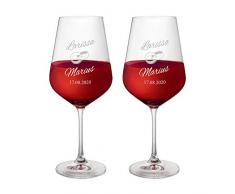 AMAVEL Set 2 Calici da Vino Rosso con Incisione, Bicchieri Personalizzati con Nomi e Data, FEDI Nuziali, Calici in Vetro per Sposi, Idee Regalo Matrimonio e Anniversario