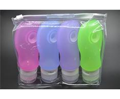 Pure Vie® Portable Bottiglie / Contenitori da Viaggio in Silicone con Ventosa - Set di 4 (1,25oz / 37ml) - BPA TSA Approvata dalle Compagnie Aeree Riutilizzabile in Silicone Portatile Viaggio Bottiglia Squeeze per Schampoo, Balsamo,
