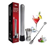 Strumento professionale per bar, mojito Muddler Bar Tool Set, pestello durevole per fanghi, in acciaio inox, cucchiaio misto per cocktail e muddler pestello, testa in nylon scanalata (confezione da 3)