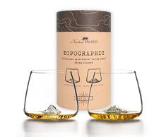 Set di 2 Bicchieri da Whisky o liquore Topographic I Monta Fuji e Denali I Bicchiere Cristallino soffiato a Bocca di qualità Premium con Montagne in Rilievo I Bicchiere da degustazione Tulipano 350ml