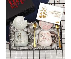 Mr Right and Mrs Always Right Tazzine Caffè in Ceramica Set di 2-13 Once Tazze Colazione Coppia con Coperchio e Cucchiaio, Tazze di Marmo Idee Regalo per Anniversario (Rosa, Grigio)