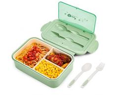 Bibury Porta Pranzo, Lunch Box Prova di Perdite per Bambini e Adulti, Bento Box con 3 Scomparti e Posate(Forchetta e Cucchiaio), Portapranzo, Sicuri per Microonde e Lavastoviglie - Verde