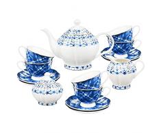 fanquare 21 Pezzi Servizio da Tè Pomeridiano in Porcellana Vintage, Tazza e Piattino a Forma di Loto, Servizio da Caffè Blu per 6 Persone