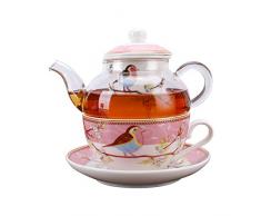 fanquare Servizio da tè per Una Persona con Uccelli e Fiori Pettirosso Rosa, Tazza da tè in Ceramica e Piattino con Teiera in Vetro