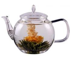 Feelino Teiera Trasparente in Vetro, Set Teiera Vetro Borosilicato da 1.3L con Filtro Rimovibile e Beccuccio Allungato, Teiera per Fiori di Te e Te a Bustine, Teiera Piccola, Tisaniera Idea Regalo