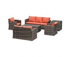 Outsunny Set Mobili da Giardino 6 Pezzi in Rattan, Salotto da Giardino con 2 Tavolini Contenitore, Divani e 2 Poltrone Imbottiti per 7 Persone, Marrone